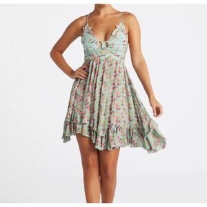 Free People Dress Large Light Blue Floral Bohemian Lace Trim V-Neck Summer Boho